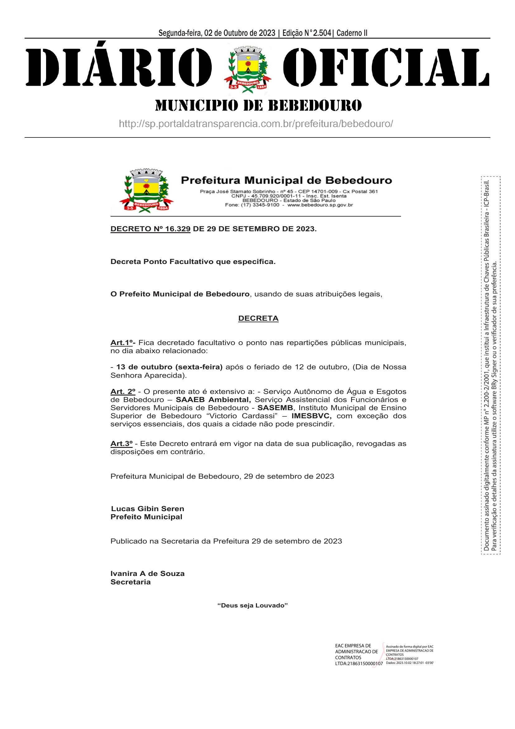 Ponto facultativo 13 de outubro