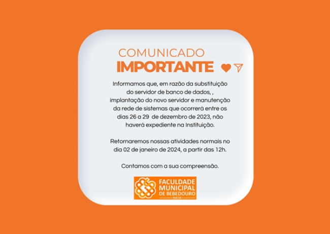 COMUNICADO IMPORTANTE: Não haverá expediente no IMESB entre os dias (26 a 29/12)