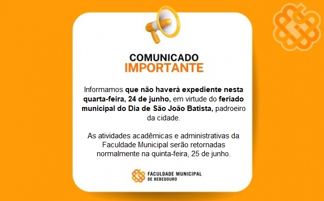 Comunicado: Feriado Municipal em Bebedouro – 24 de junho