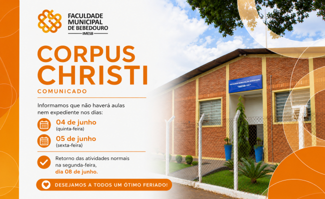 Faculdade Municipal de Bebedouro informa ponto facultativo e feriado de Corpus Christi